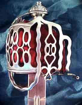 Side view of this satin hilt is decorated with wavy bars and oval and star shaped piercings, back panels with ovals and hearts.