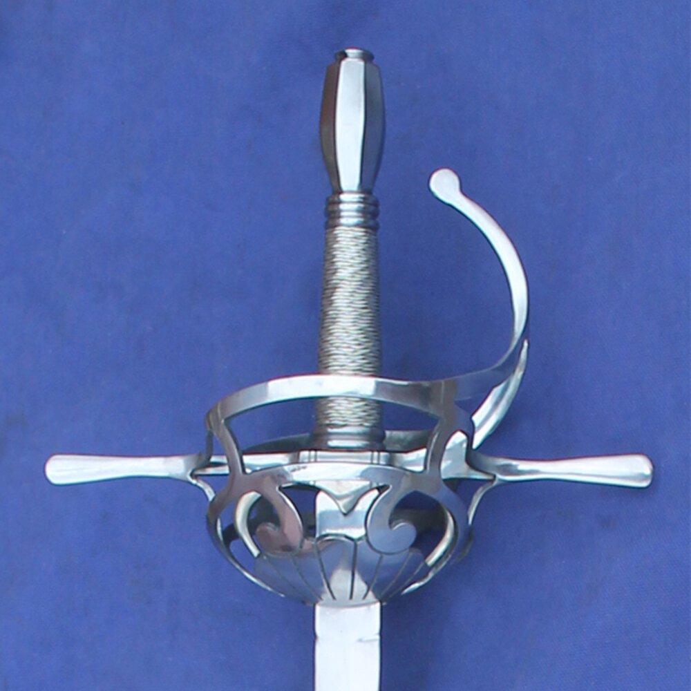 Polished Pierced cup hilt with long octagonal pommel and silver wire grip.