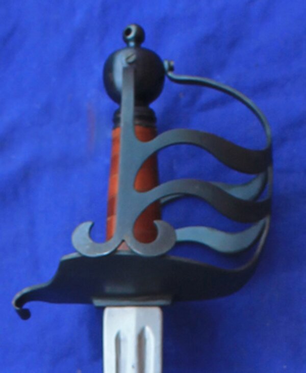 Blued hilt with double bar guards and knucklebow and side bars attached to the pommel by screws