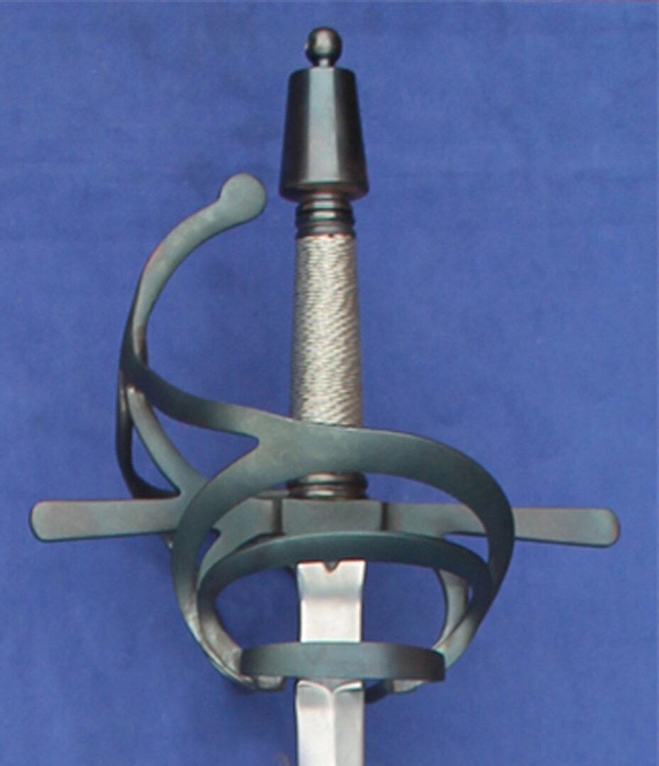 Blued swept hilt only. Double rings guard side. Silver wire grip.