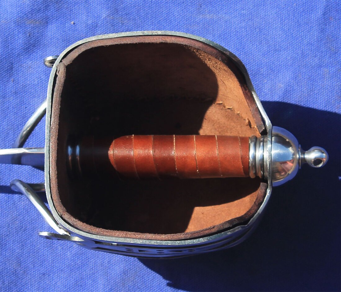 Close up of back of Dragoon hilt showing leather linerf filling the basket.