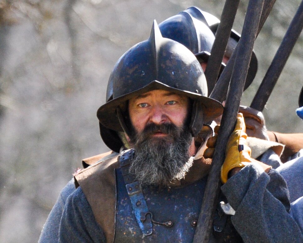 Clase up of Pikeman in Morion, back and breast holding a pike.