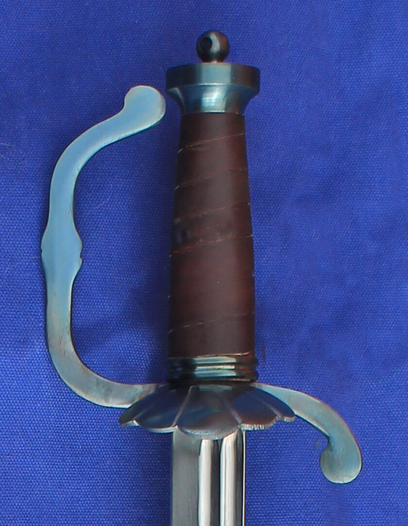 Hilt of shell and ring guard hanger showing shell side with flat pommel. Blued hilt